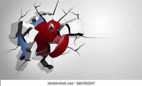 red cricket ball punched through the wall and breaks into shards, cracks on wall. Inflicting heavy damage. Vector