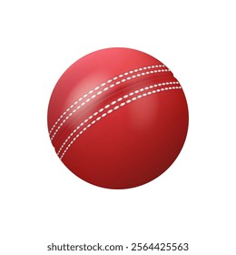 Red cricket ball in realistic style, summer team sport equipment, 3d vector illustration. Vector sphere cricket ball with white stitch, tournament or competition playing equipment, baseball object