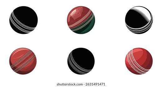 red cricket ball in realistic style on a white background. Summer team sports. 3d vector, Vector Cricket balls icons isolated on white background. Vintage cricket ball set. Design elements for logo.