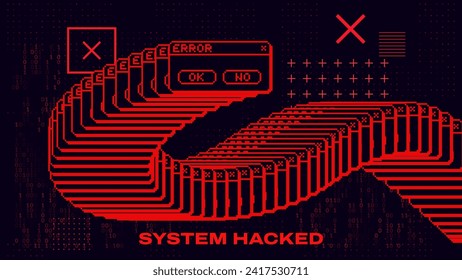 Red Critical Error Warning Popup Message. Vintage User Interface. Computer Virus. System Hacked Error Sign. Malware, Ransomware, Data Breach Concept. Vector Illustration.