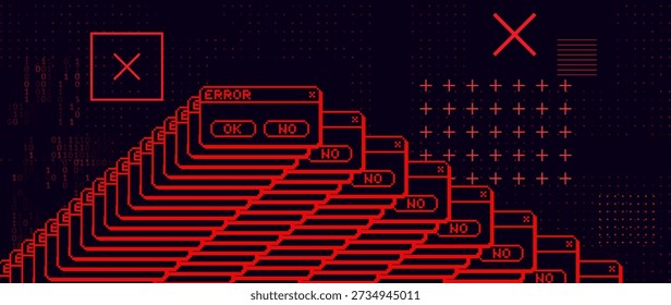 Red Critical Error Warning-Popup-Meldung. Vintage-Benutzeroberfläche Computervirus. System-Hacked-Error-Zeichen. Malware, Ransomware, Data Breach Concept. Vektorgrafik.