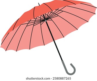 Red crook handle umbrella. Vector illustration isolated on transparent background. Parasol for rainy weather. Rain protection accessory.