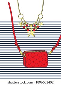 Red cross body bag with sea gold beads on striped background. Print for girls t shirt. Vector illustration.