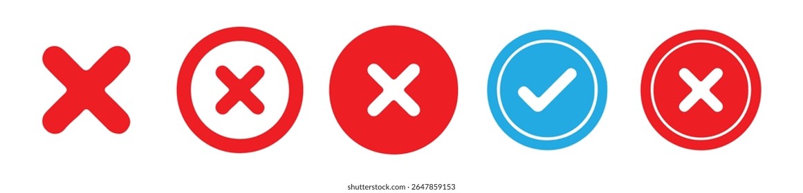 Red Cross and Check Icons Set on White Background. Flat Design X and Checkmark Buttons. Vector illustration eps 10