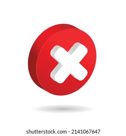 Red cross checkmark 3d icon button. Minimalistic isolated vector.