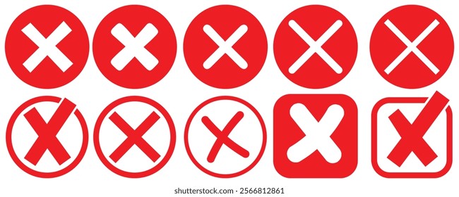 Red cross checkmark icon set. Checklist signs, approval badge, correct vote choice check box with right and wrong buttons and yes or no checkmark icons.