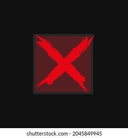 Red cross in dark square frame on black background. Choice icon. Checklist mark. Vector illustration. Stock image. 