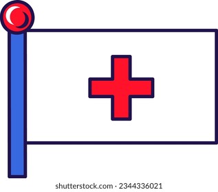 Red Cross flag on flagpole for registration of solemn event, meeting foreign guests. International Red Cross and Red Crescent Movement union. Simple vector isolated on white background