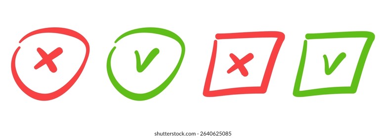 Red cross and green check icons in circle and square frames. Colorful tick and cross symbols for UI, lists, validation, vote, app design, or infographic. Handdrawn vector set.