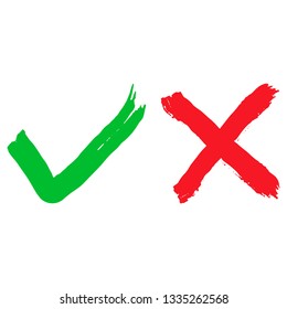 Red cross and green check mark (tick) drawn by marker. Concept of voting or choice: consent or rejection. Vector symbols. Set of elements to fill out forms and test. Mark a positive or negative result