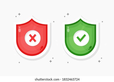 Red cross and green check mark on the shield