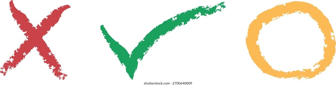 Cruz roja, marca de verificación verde y círculo amarillo