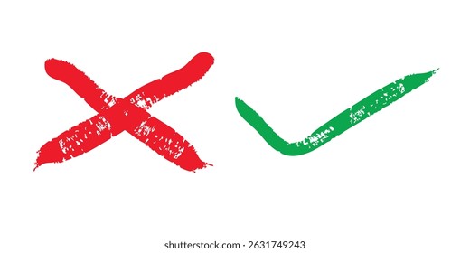 Red cross and green checkmark, hand-drawn, on a white background.