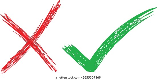 Cruz roja y marca de verificación verde Vector Brush Stroke. Icono de cruzar y marcar.