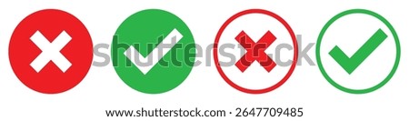 Red cross and green tick icons in solid and outline styles. Simple vector symbols for correct and incorrect, approval and error, success and failure, validation, and warning signs.