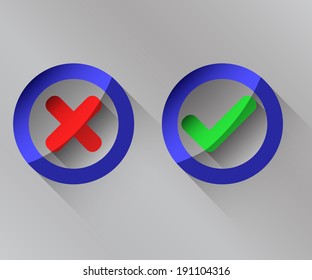 Red cross and green tick. Long shadow. Vector illustration. 