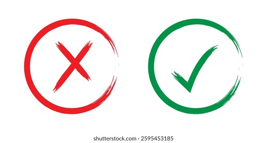 Red cross and green tick mark signs. Red X and green tick check marks, approval signs design. Tick and cross signs. Green checkmark OK and red X icons isolated on white background.