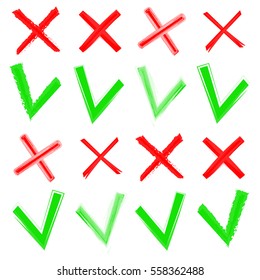 Red cross and green tick vector set. Yes and No icons for websites and applications. Right and Wrong signs isolated on white background. Mark X and V - stock vector
