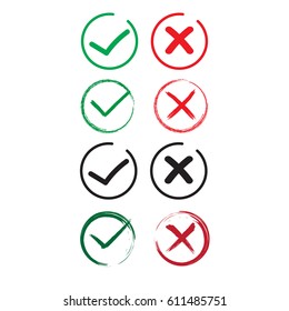Red cross and green tick vector set. Yes and No icons for websites and applications. Right and Wrong signs isolated on white background. Mark X and V in a flat style. - stock vector