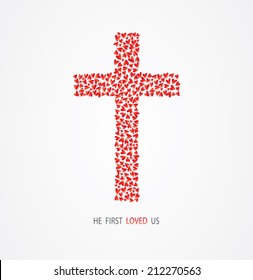 Red cross with heart shape vector with massage He first loved us.