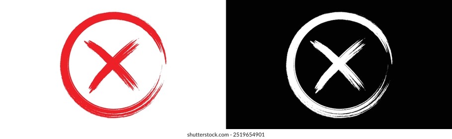 Icono de la cruz roja en círculo pintado por pinceladas grunge. Pintado por pincel ancho cruz roja trazos de Ilustración vectorial.