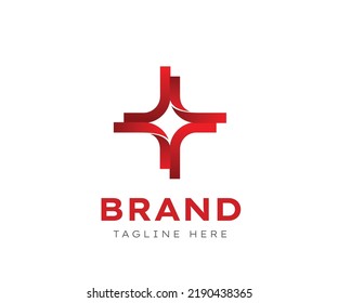 Icono de la cruz roja, abstracto aislado más símbolo sobre fondo blanco, logotipo geométrico. Añadir signo abstracto. El gráfico más icono es adecuado para la marca, social, de salud, médica, de bienestar.

