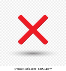 Red cross icon isolated on transparent background. Symbol No or X button for correct, vote, check, not approved, error, wrong and failed decision. Vector stop sign or mark graphic element for design.