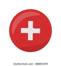 Red cross icon on the button. First medical aid ambulance sign symbol. Hospital emblem. Red cross aid. Flag of Switzerland on round circle. Health care concept. Pharmaceutical crest. Vector