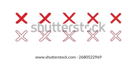 
Red cross icon vector set. The top row shows a filled-in design, while the bottom row is an outline. This collection is ideal for a negative symbol, a wrong answer, or an 'X' mark