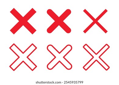 Red cross icon. Red x sign set. No symbol mark, wrong sign vector button. X shape cross for checkbox or box isolated white background.