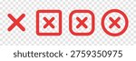Red cross icons in various shapes: simple cross, square cross and circle cross. Red x symbols on transparent background. Vector element set.