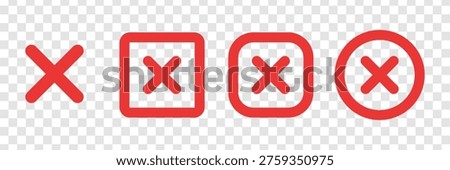 Red cross icons in various shapes: simple cross, square cross and circle cross. Red x symbols on transparent background. Vector element set.