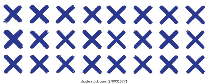 Línea de pincel de marca de cruz roja en varios estilos. Pincel de mano X marca, cancelar, incorrecto y cerrar la Ilustración vectorial del elemento de ícono. Marcador grunge estilo de boceto símbolos cruzados y rechazar Casillas de verificación colección
