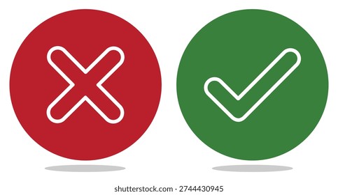 Red cross mark and Green check mark icon vector colour. Cross check mark flat round buttons set. Vector illustration.