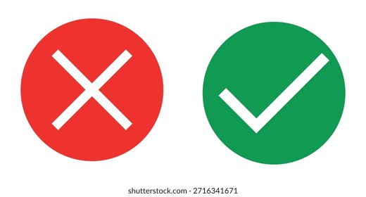 Símbolos de marca de la cruz roja y marca de verificación verde para ilustrar elecciones o decisiones correctas e incorrectas