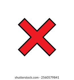 Red cross mark icon with black outline. X, wrong, reject sign symbol