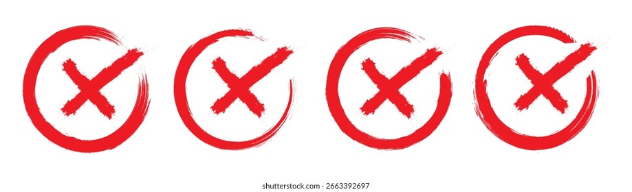 Red cross mark icons in various styles including circles, brush strokes, and rounded shapes. Hand drawn circle Grunge red X. vector Design.