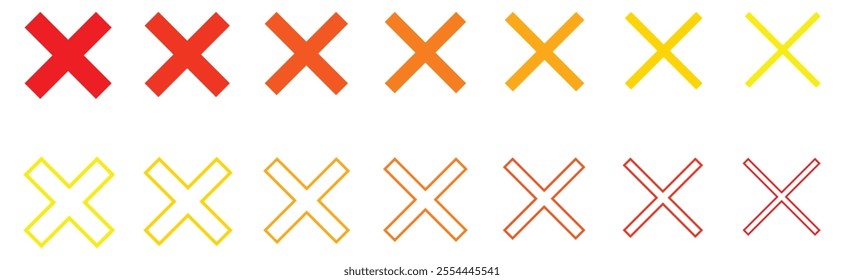Red Cross marks. Cross icon. Negative selection mark. Vector illustration. Set of various color and various types cross makr icon. flat, strastraight design cross mak icon with different colors.