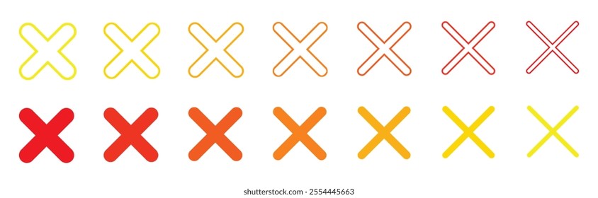 Red Cross marks. Cross icon. Negative selection mark. Vector illustration. Set of various color and various types cross makr icon. cross mark with rounded corners. set of different colors reject icons