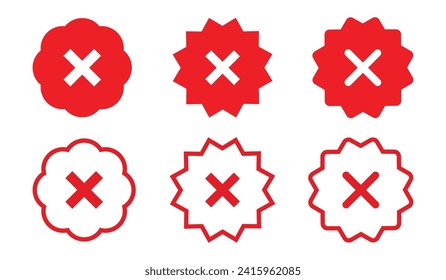 Red cross not-verified symbol icon set with fill and stroke. Not verified red color. Cross x vector icon. no wrong symbol. delete, vote sign.