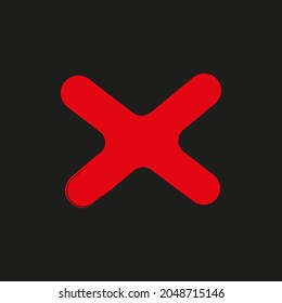 Red cross on black background. Checklist insignia. Line art. Abstract brush drawing. Vector illustration. Stock image. 