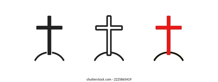 Red cross outline icon on white background. Holy crucifix sign. Religious symbol of death and resurection. Flat design. Vector illustration.