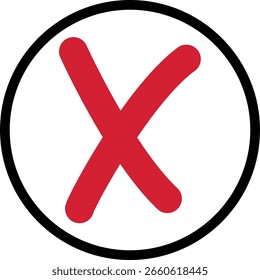 Cruz roja colocada dentro de un círculo de contorno negro. Ideal para iconos de cancelación, indicadores incorrectos o marcas de respuesta negativas.
