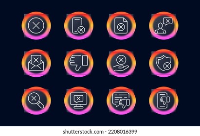 Red cross set icon. Cancel, Caution, Prohibited, Rejected, Thumb Down, Dislike, Unprotected, Dangerous, Negative, Access. Error concept. Glassmorphism style. Vector line icon