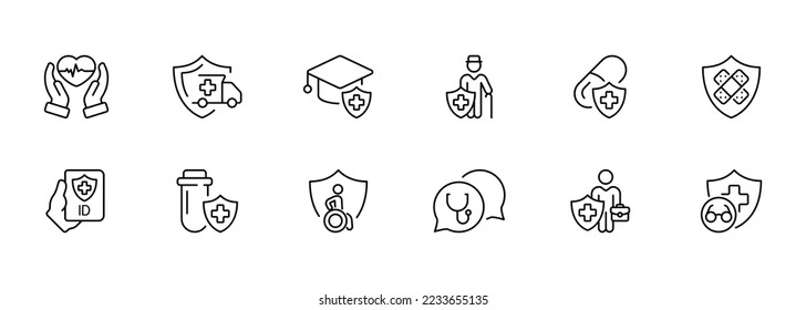 Red cross set icon. Plaster, sanitizer, medicines, pharmacy, first aid kit, heart, vitamins, patch, blindness, disability. Health care concept. Neomorphism style. Vector line icon