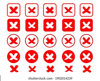 Juego de cruz roja del icono.Marcar el símbolo X . Logo de la votación. Signo negativo.Cross en un círculo y en una ilustración cuadrada.Vector.
