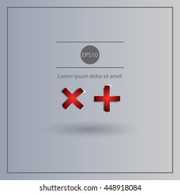 Red cross with shadows and reflections. X shape with snick and shadow. Cancel, wrong, decline icon.
