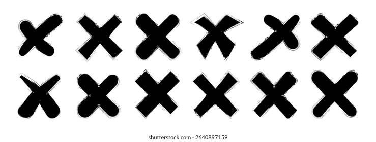 Red cross signs collection. Grunge letter X. Red cross sign. Hand drawn x marks. Set of grunge x sign. Red x symbol in circle shape. Rejection isolated sign illustration