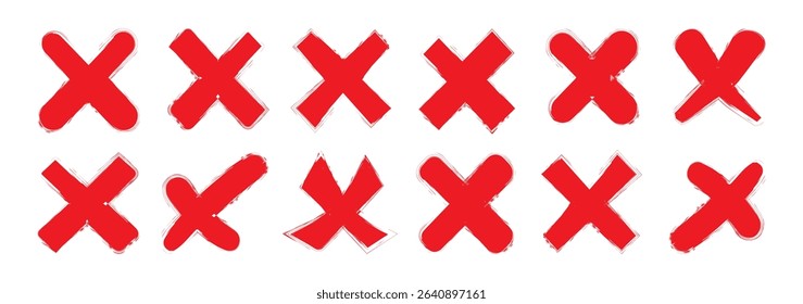 Red cross signs collection. Grunge letter X. Red cross sign. Hand drawn x marks. Set of grunge x sign. Red x symbol in circle shape. Rejection isolated sign illustration