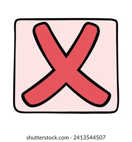 Red cross sticker in a square. Cancel sign. Incorrect answer. Hand drawn vector illustration.